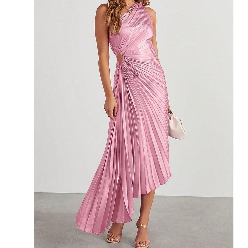 Luxe Satin One shoulder Cut out Pleated Midi Dress